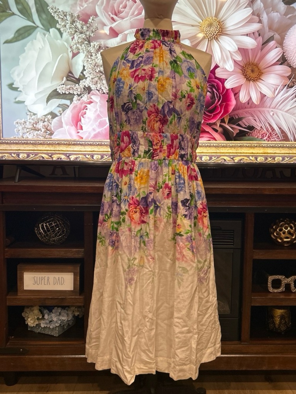 Boston Proper Cream Halter Midi Dress with Multicolor Floral Print